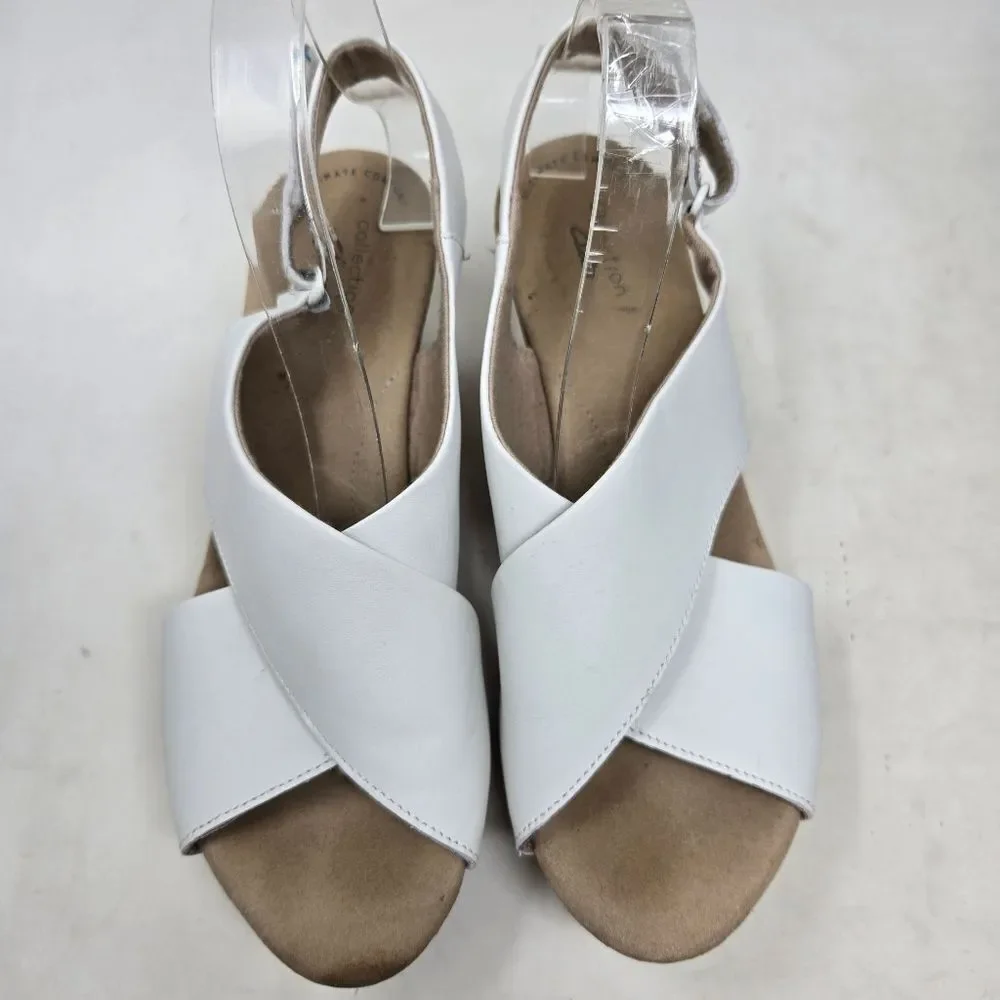 CLARKS Annadel Eirwyn White Leather Slingback Cork Wedge Sandals Sz 10‎